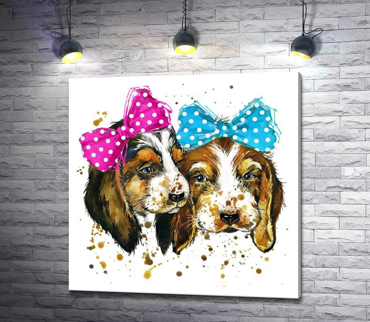 картина Два милых щенка бигля с бантиками на голове