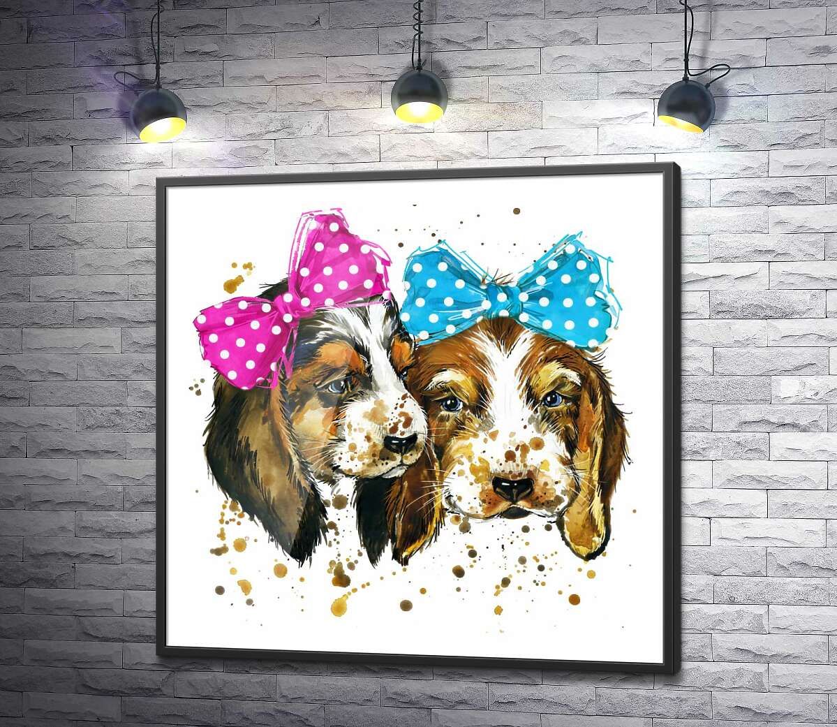 постер Два милых щенка бигля с бантиками на голове