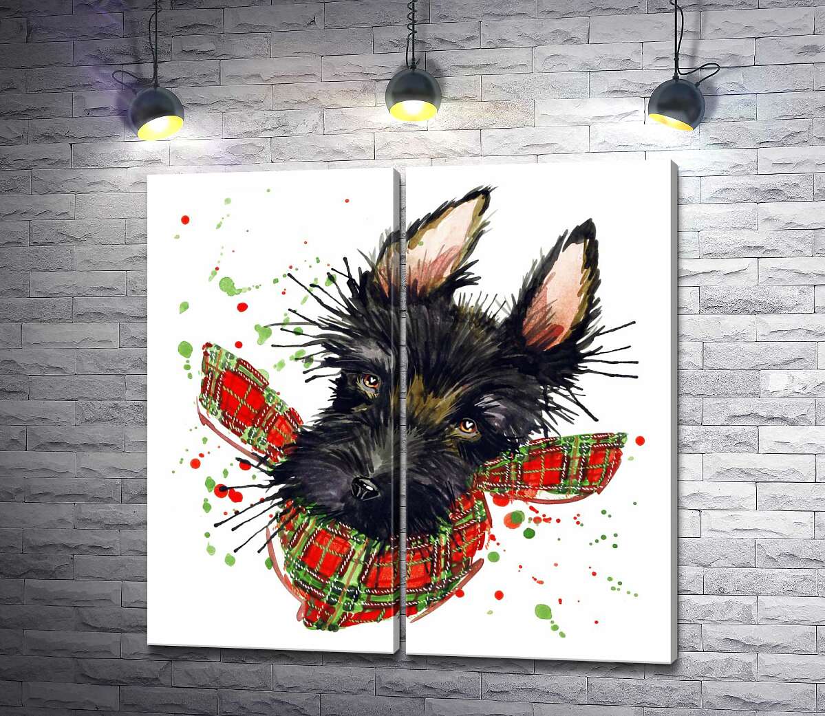 модульна картина Чорна мордочка собаки шнауцера в картатій хустині