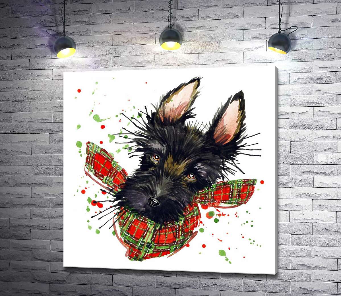 картина Черная мордочка собаки шнауцера в клетчатом платке