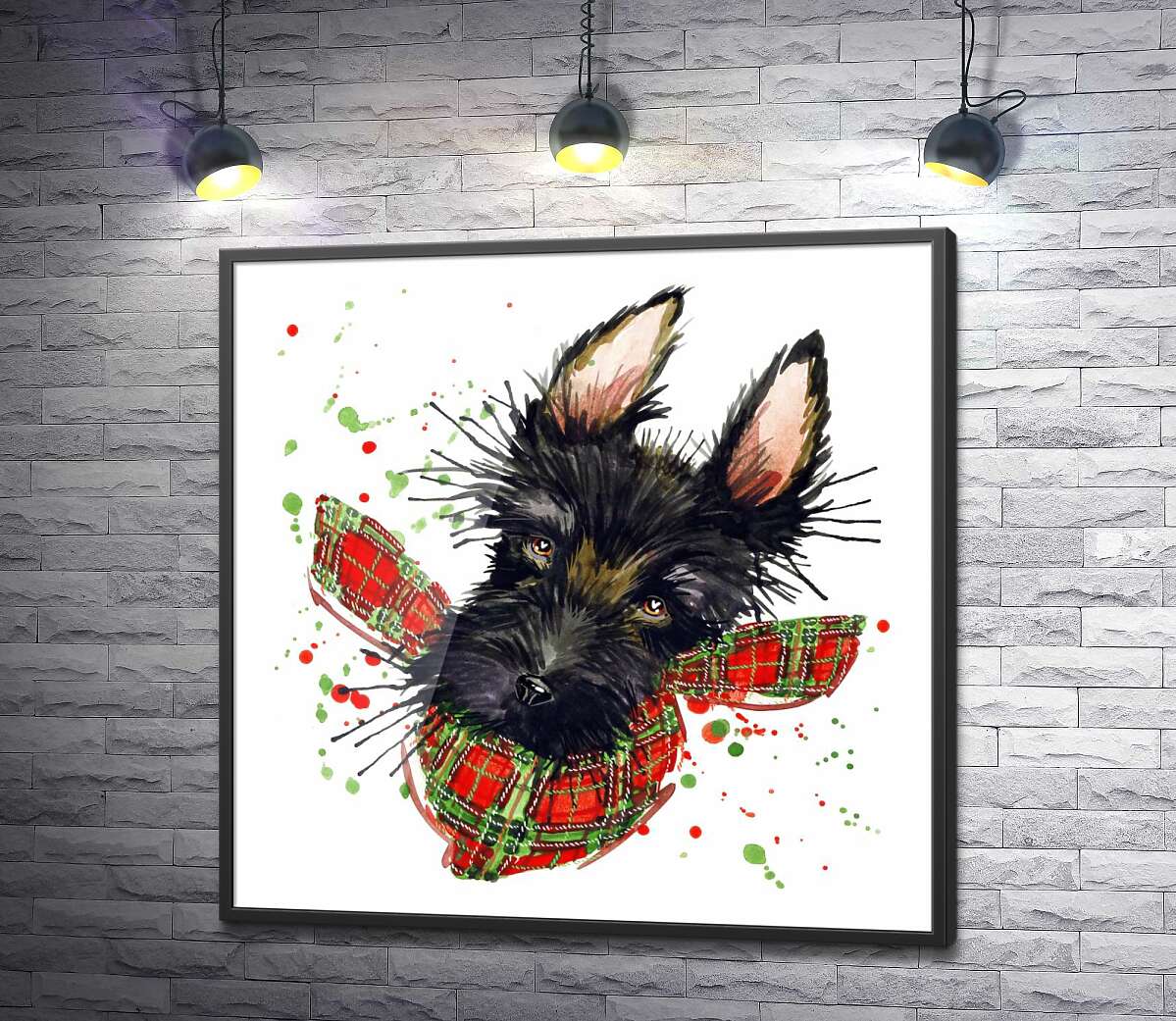 постер Черная мордочка собаки шнауцера в клетчатом платке