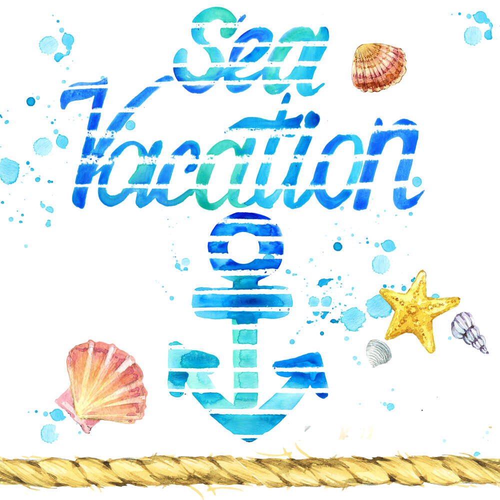 картина-постер Напис "Sea vacation" з блакитним якорем
