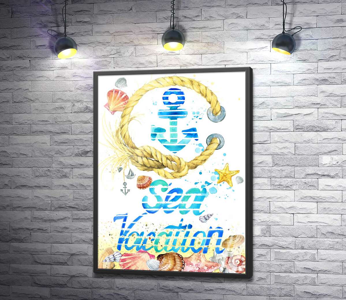 постер Напис "Sea vacation" в оточенні мушель та морських зірок