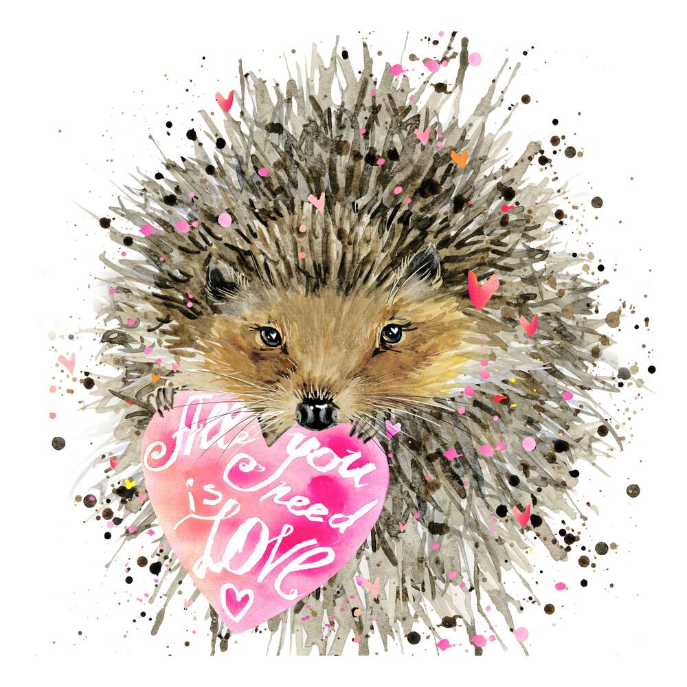 картина-постер Колючий ежик с розовым сердцем-признанием в лапках