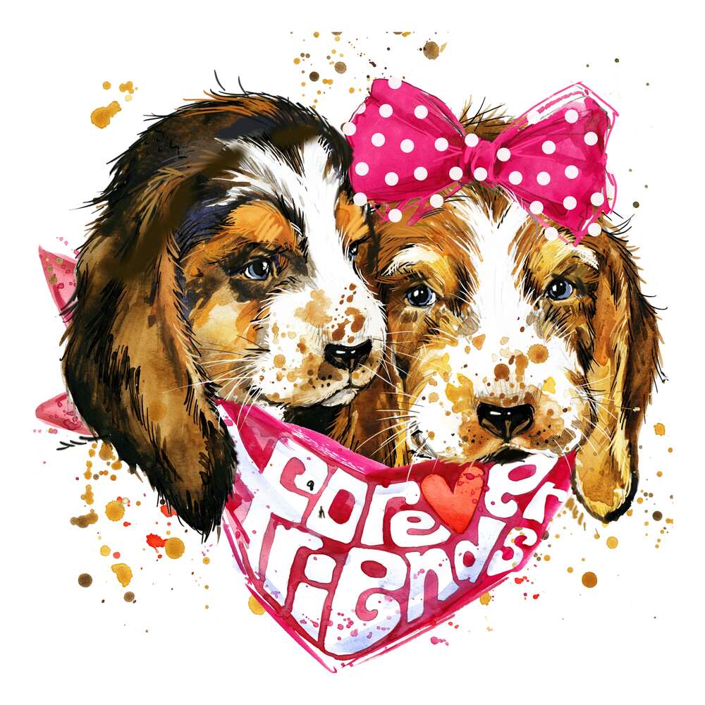 картина-постер Два пушистых щенка в платке с надписью "forever friends"