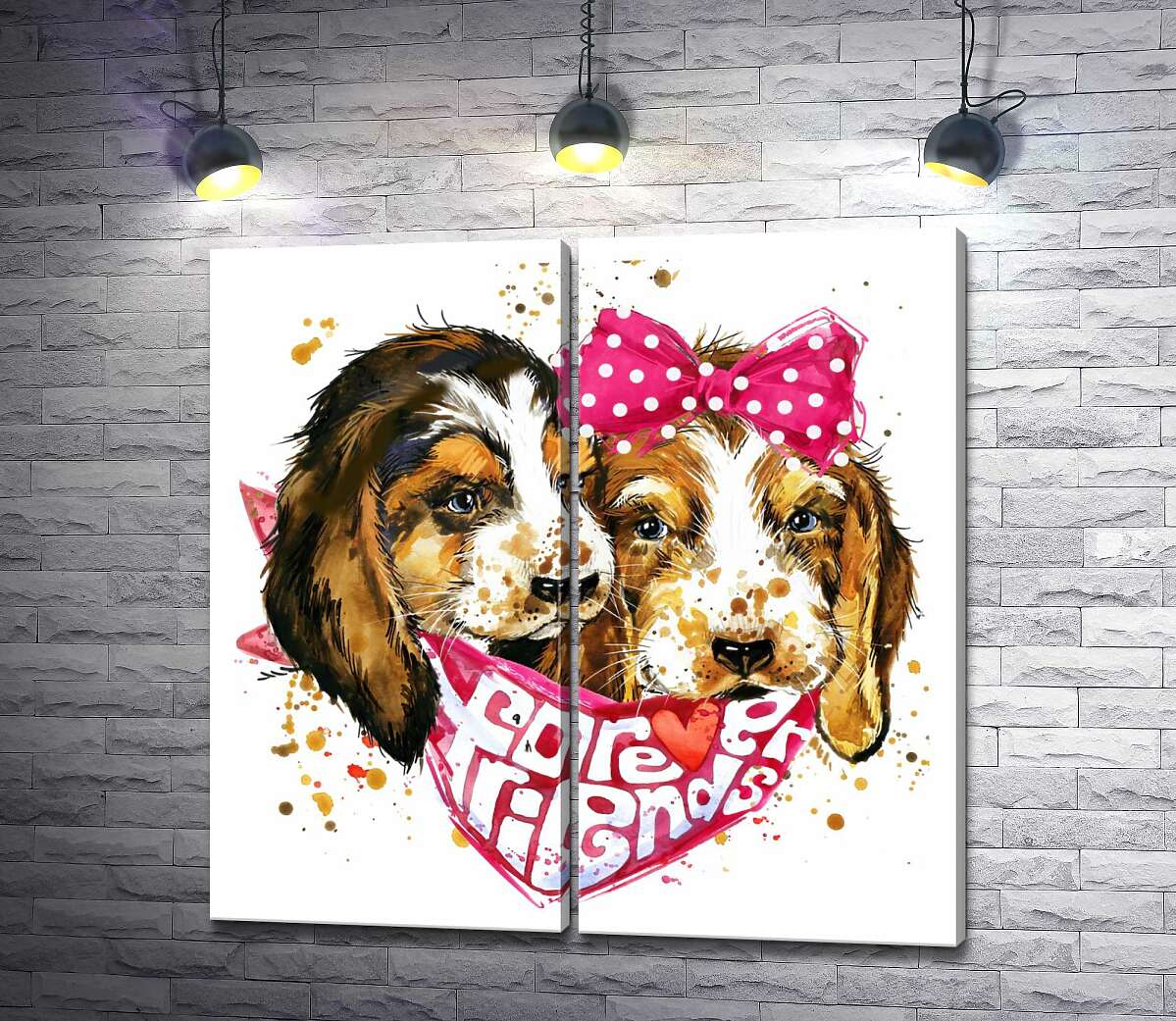 модульная картина Два пушистых щенка в платке с надписью "forever friends"