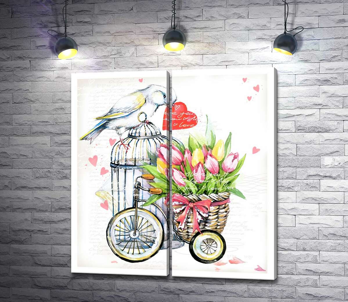модульна картина Біла птаха тримає серце у дзьобі поряд з корзиною весняних тюльпанів на велосипеді