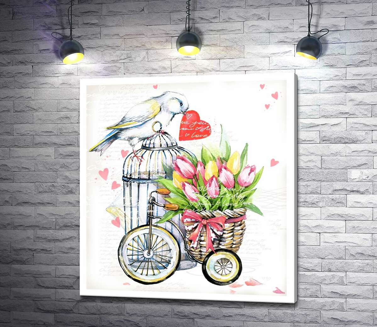 картина Біла птаха тримає серце у дзьобі поряд з корзиною весняних тюльпанів на велосипеді