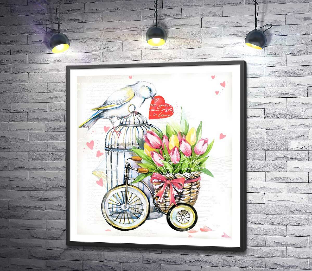 постер Біла птаха тримає серце у дзьобі поряд з корзиною весняних тюльпанів на велосипеді