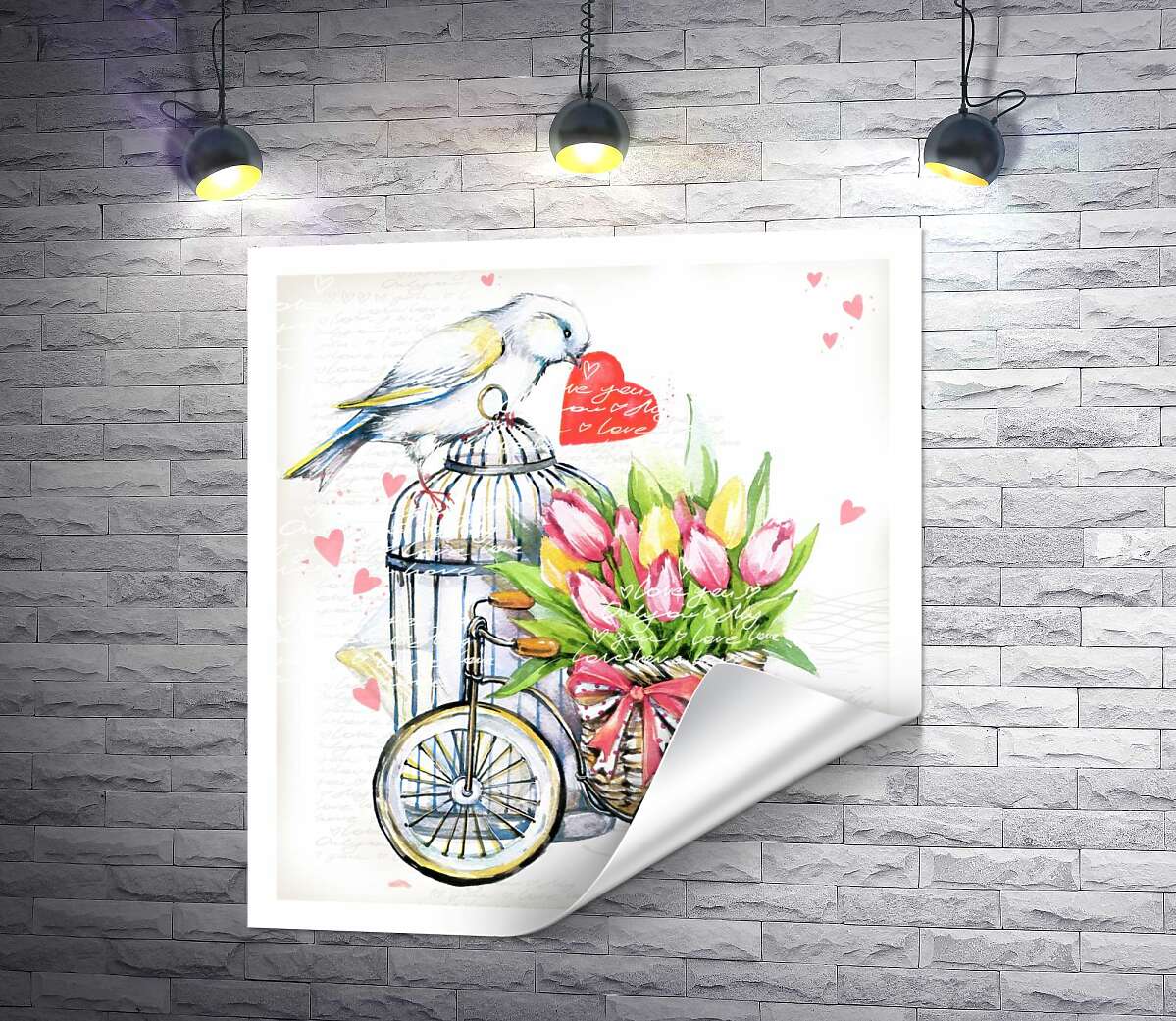 печать Белая птица держит сердце в клюве рядом с корзиной весенних тюльпанов на велосипеде