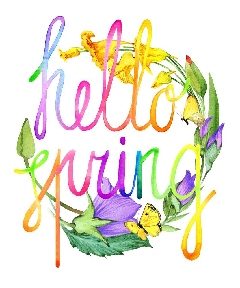 картина-постер Радужная надпись "hello spring" на фоне колокольчиков