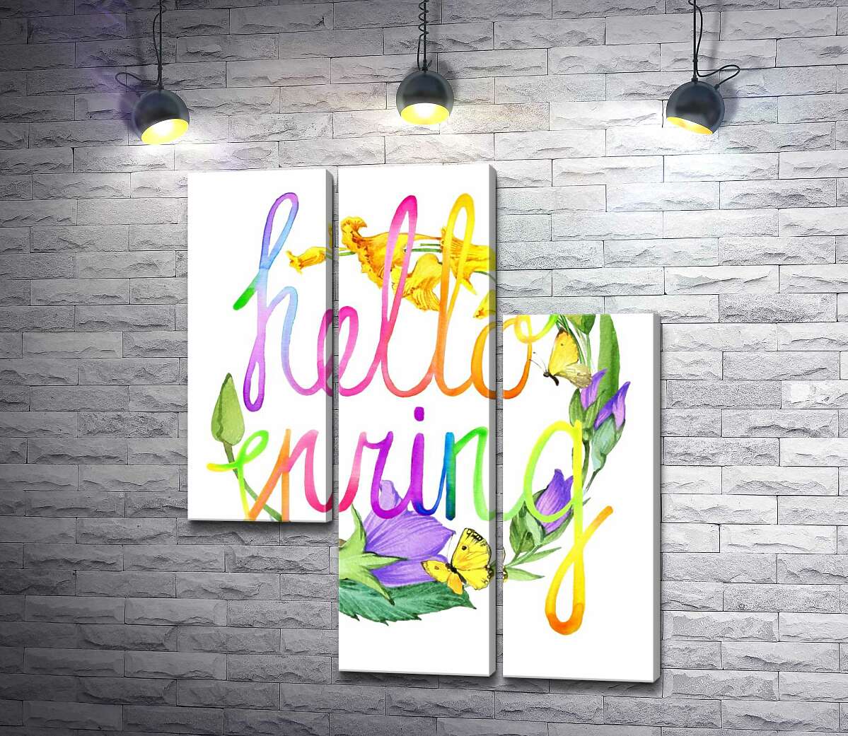 модульная картина Радужная надпись "hello spring" на фоне колокольчиков (Модуль №13)
