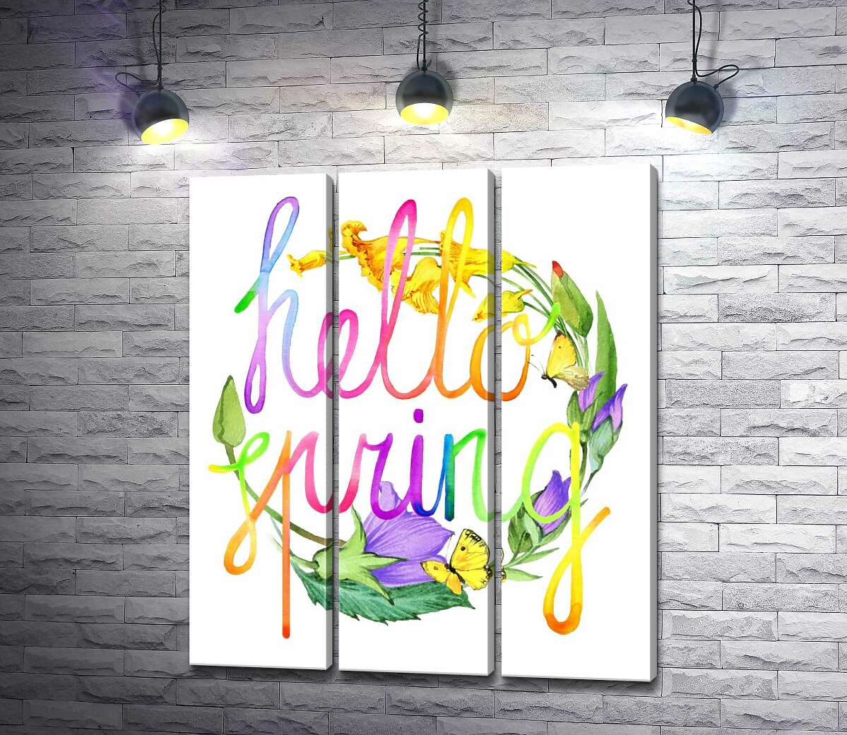 модульна картина Веселковий напис "hello spring" на фоні дзвіночків