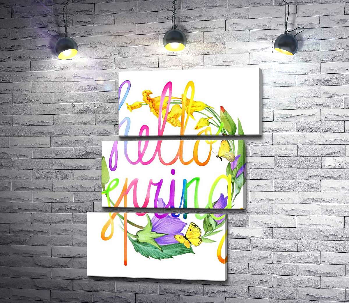 модульна картина Веселковий напис "hello spring" на фоні дзвіночків (Модуль №17)