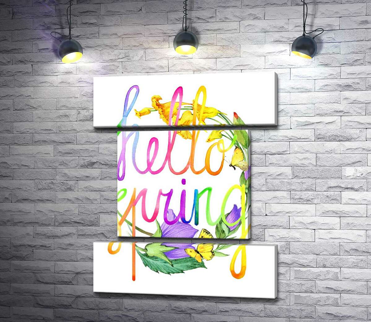 модульная картина Радужная надпись "hello spring" на фоне колокольчиков (Модуль №18)