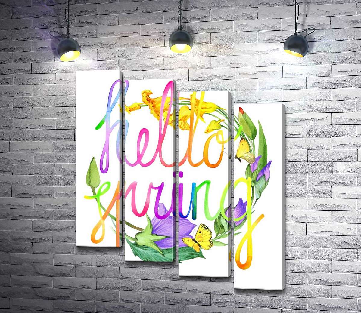 модульна картина Веселковий напис "hello spring" на фоні дзвіночків (Модуль №19)