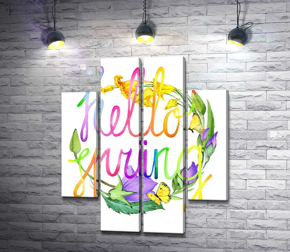 модульна картина Веселковий напис "hello spring" на фоні дзвіночків (Модуль №20)