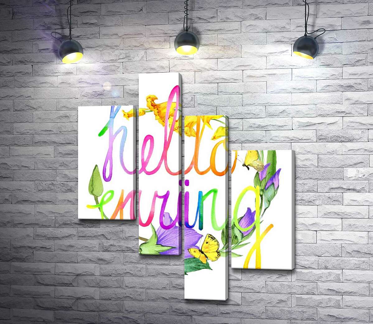 модульна картина Веселковий напис "hello spring" на фоні дзвіночків (Модуль №21)