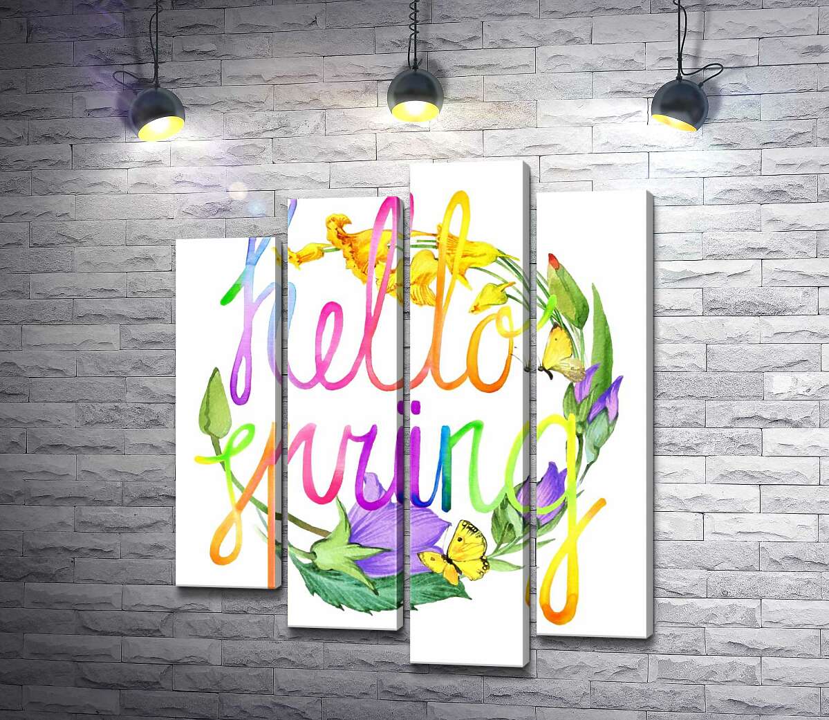 модульная картина Радужная надпись "hello spring" на фоне колокольчиков (Модуль №3)