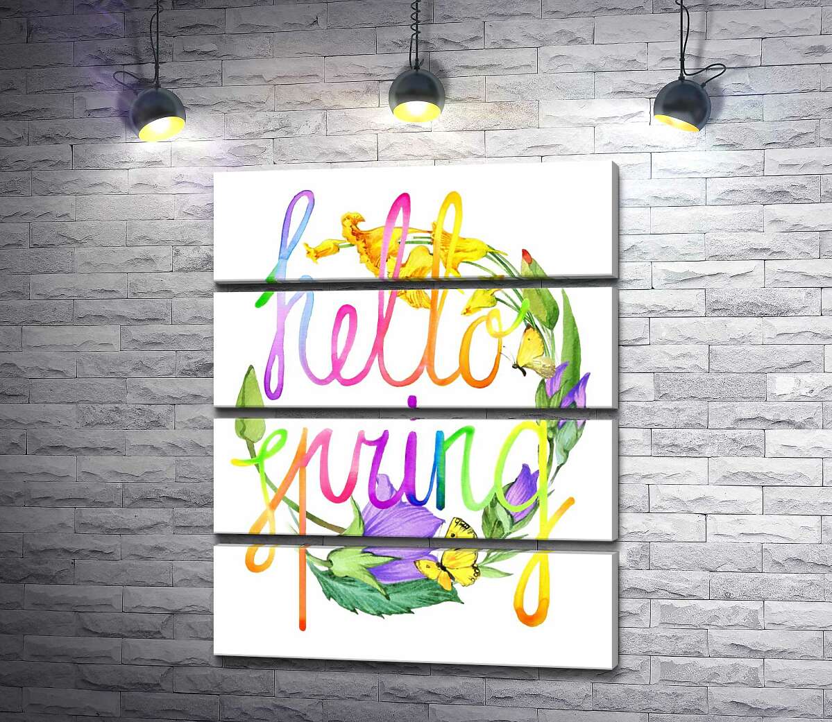 модульна картина Веселковий напис "hello spring" на фоні дзвіночків (Модуль №22)