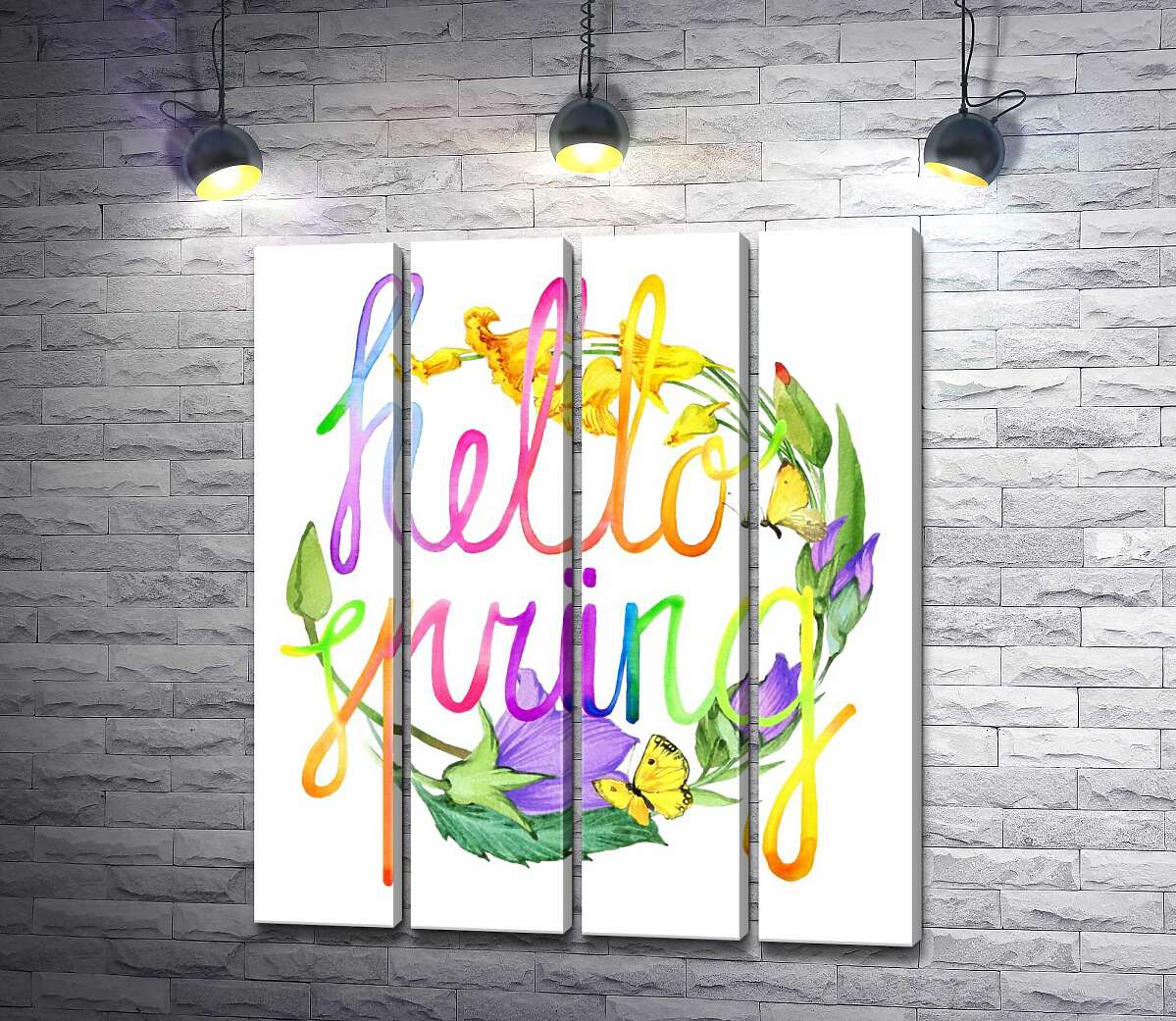 модульна картина Веселковий напис "hello spring" на фоні дзвіночків (Модуль №24)