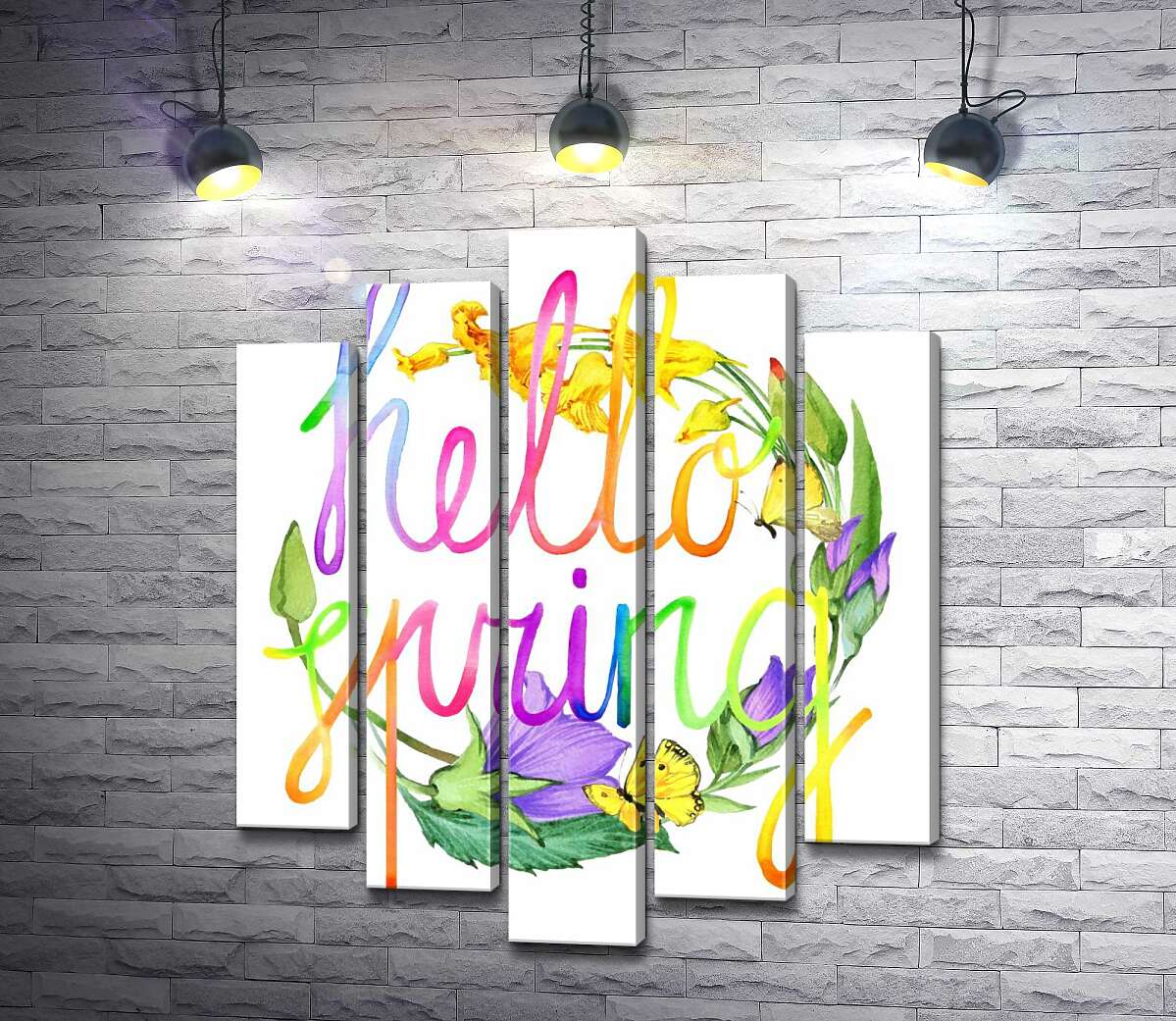 модульна картина Веселковий напис "hello spring" на фоні дзвіночків (Модуль №4)