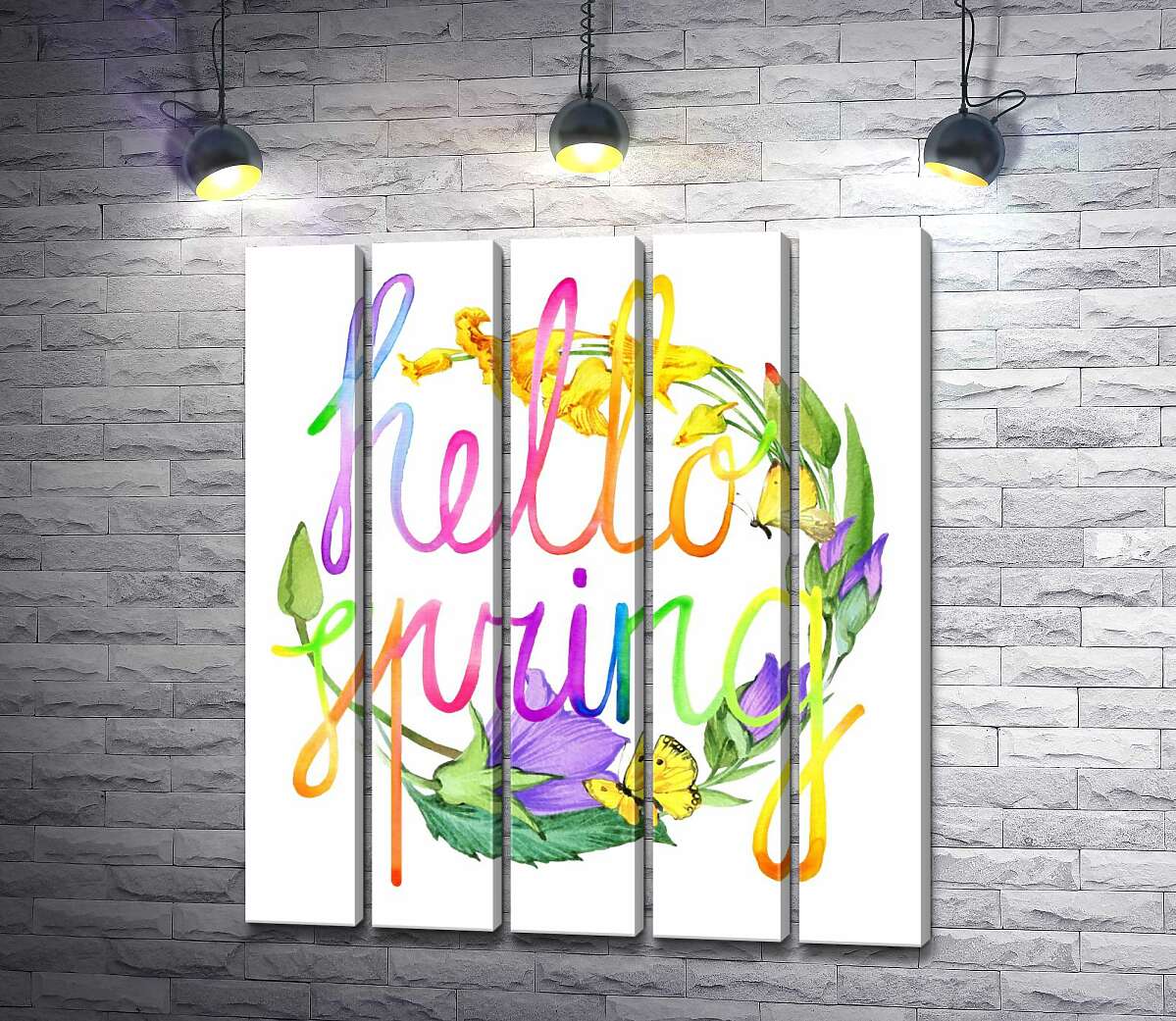модульна картина Веселковий напис "hello spring" на фоні дзвіночків (Модуль №26)
