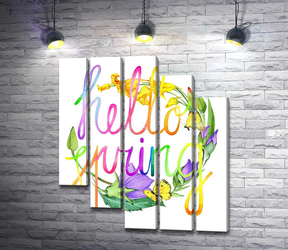 модульна картина Веселковий напис "hello spring" на фоні дзвіночків (Модуль №28)