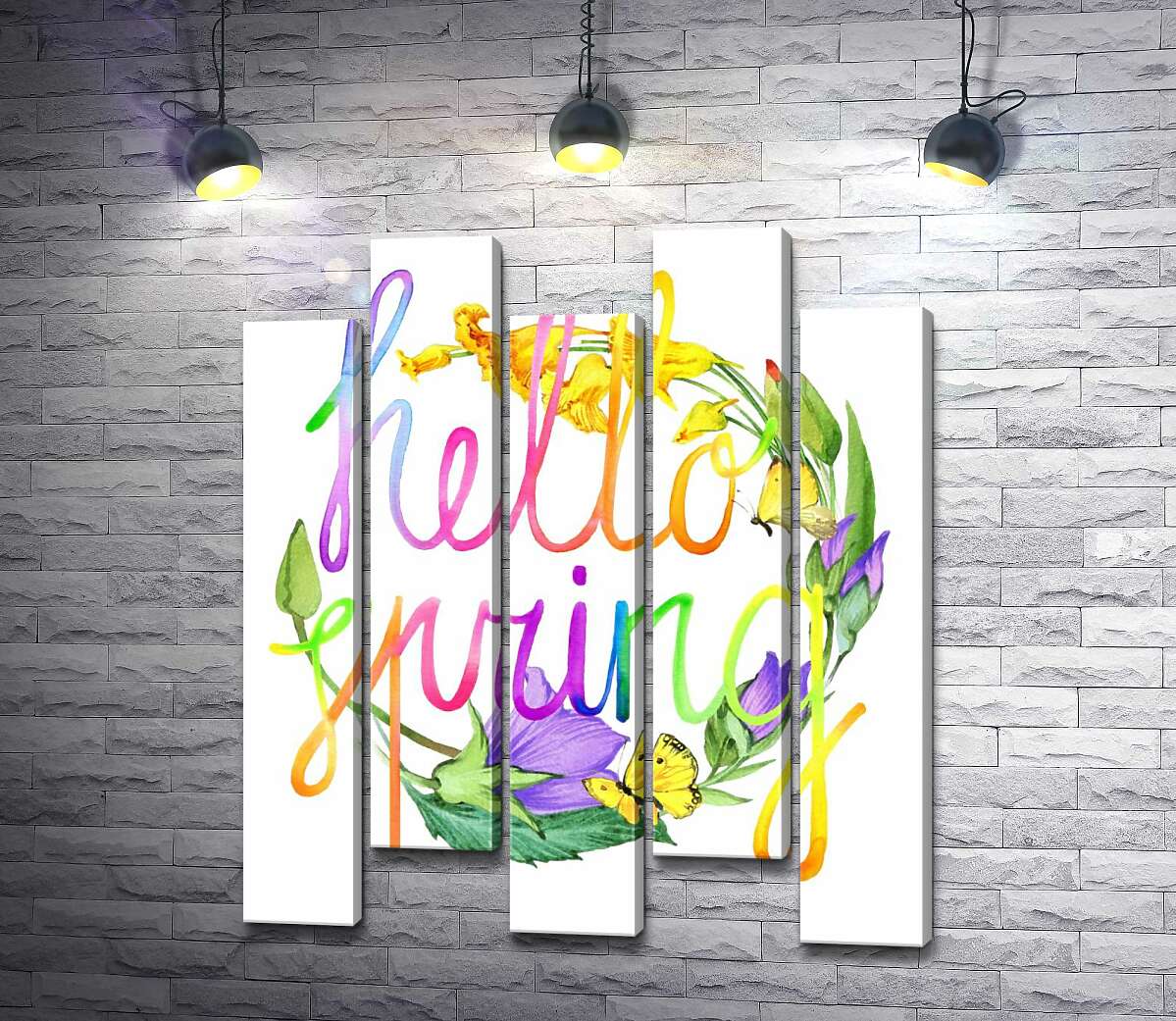 модульная картина Радужная надпись "hello spring" на фоне колокольчиков (Модуль №30)