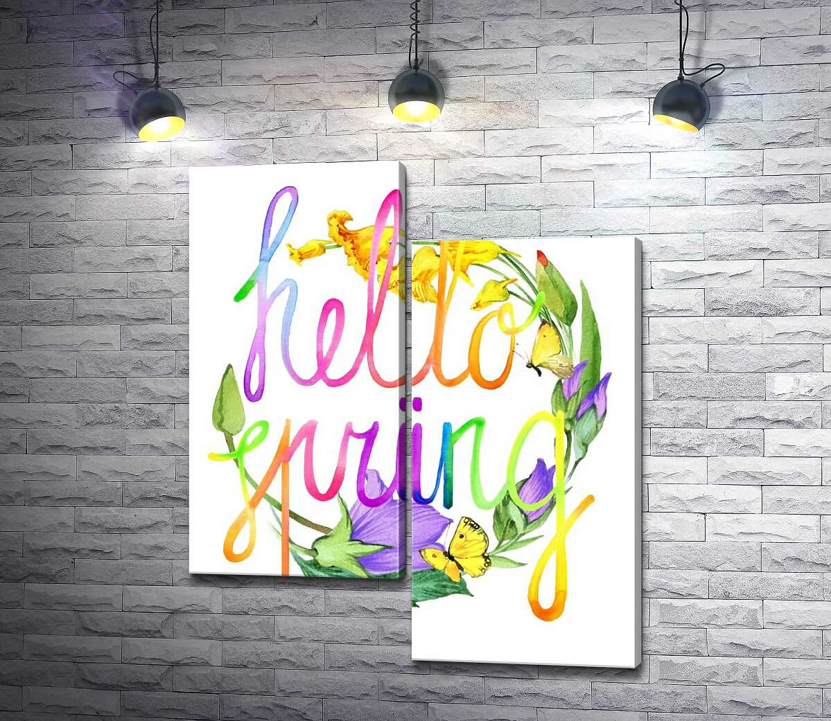 модульна картина Веселковий напис "hello spring" на фоні дзвіночків (Модуль №9)
