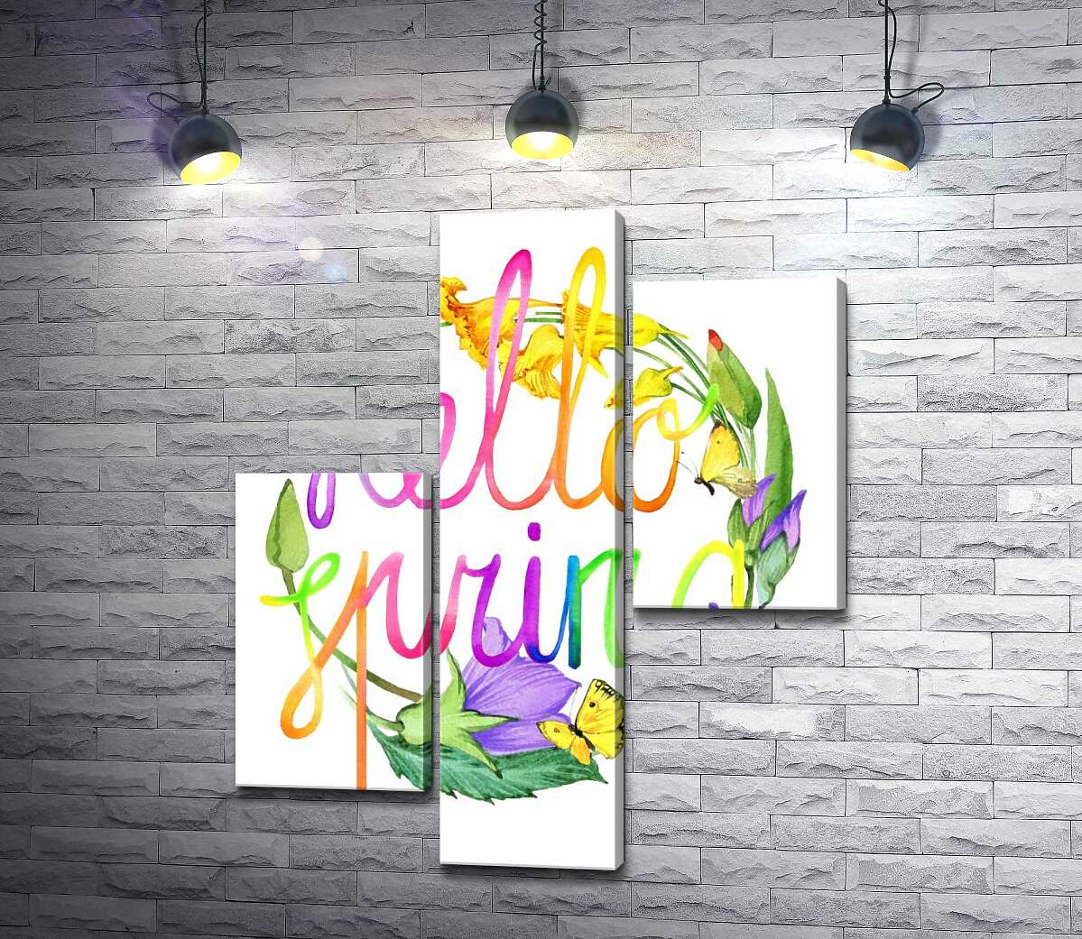модульная картина Радужная надпись "hello spring" на фоне колокольчиков (Модуль №12)