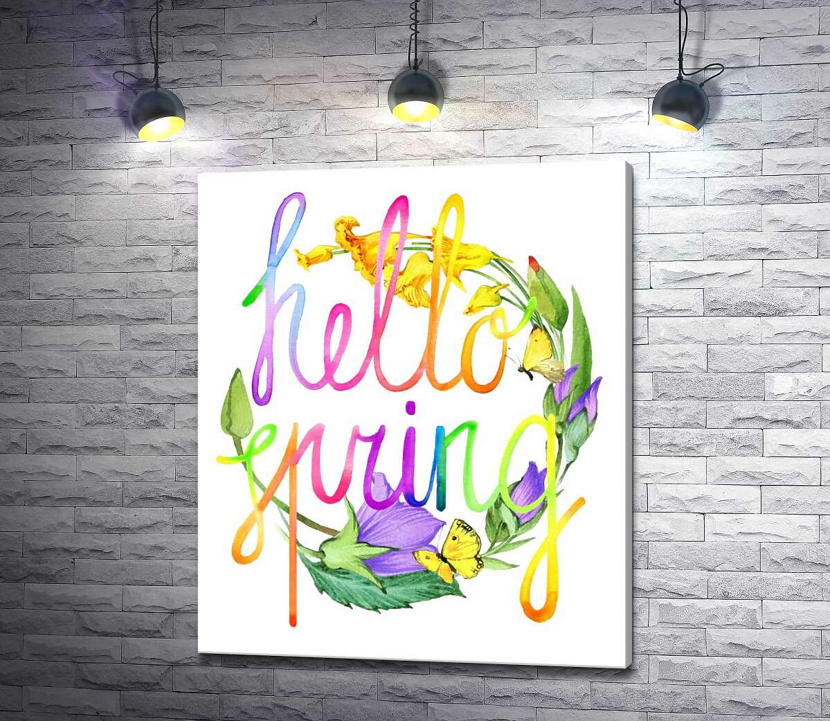 картина Радужная надпись "hello spring" на фоне колокольчиков