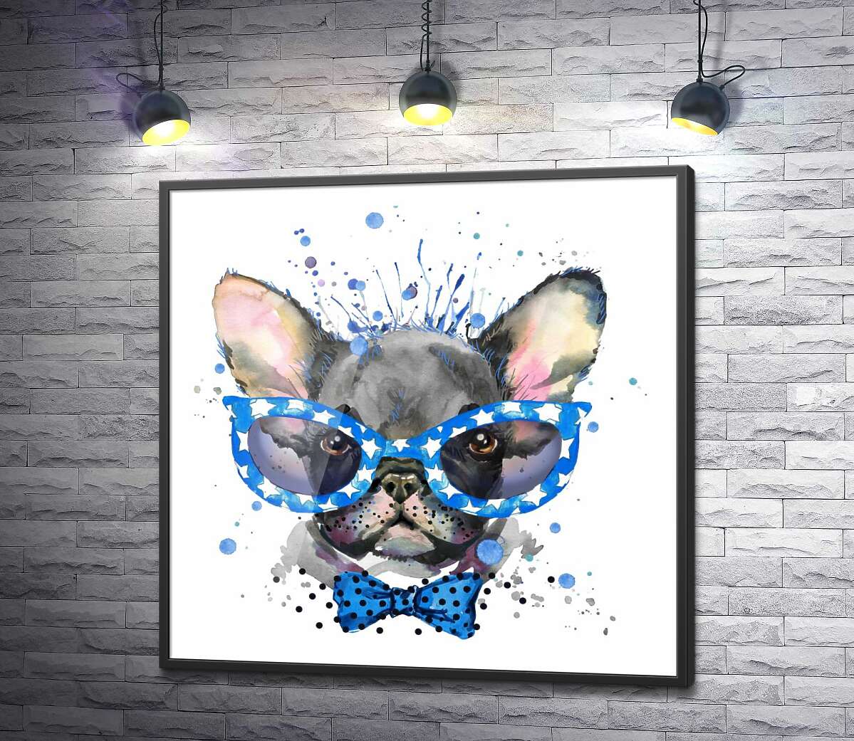 постер Гламурный французский бульдог в синих очках с бабочкой