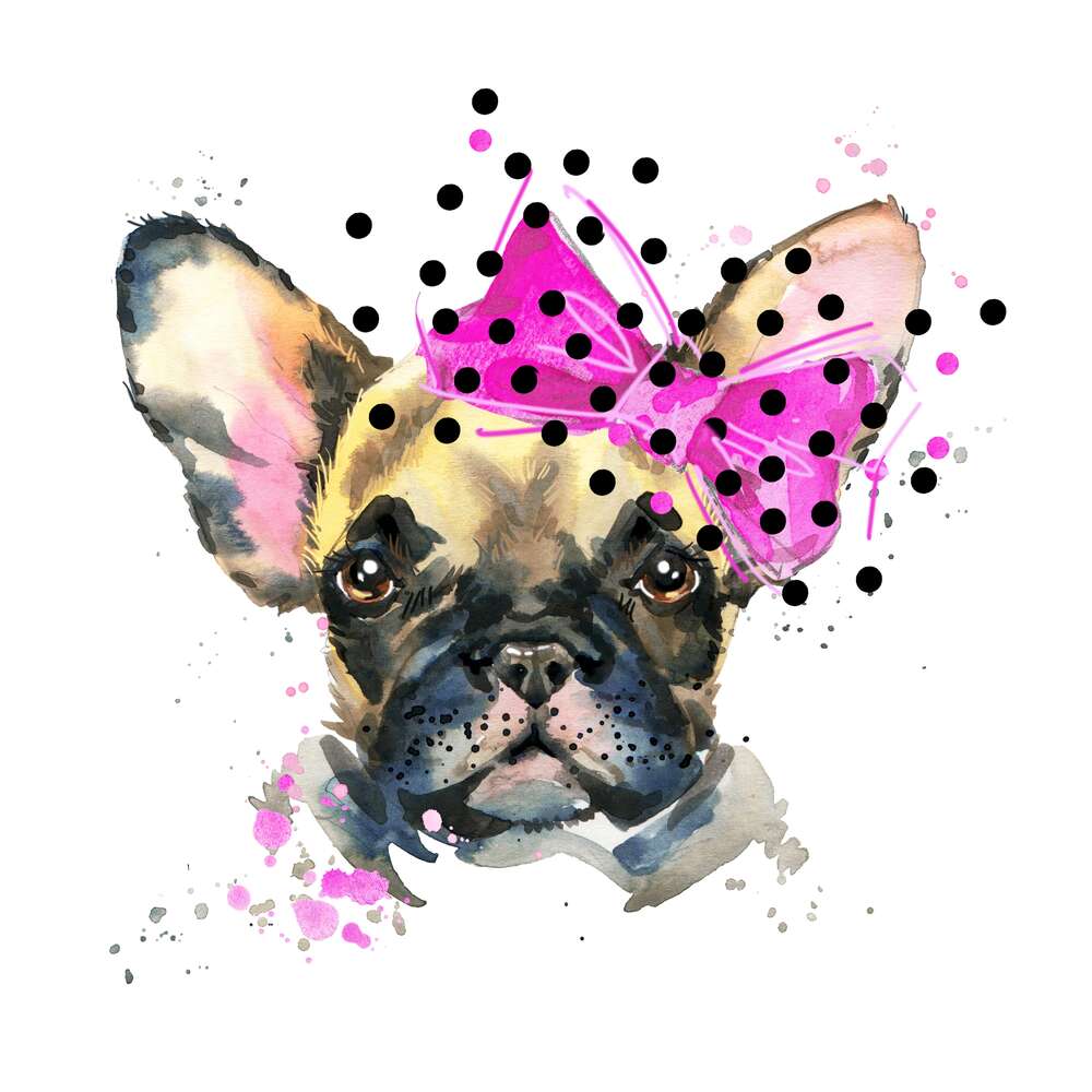 картина-постер Мордочка собаки с розовым бантиком на ухе