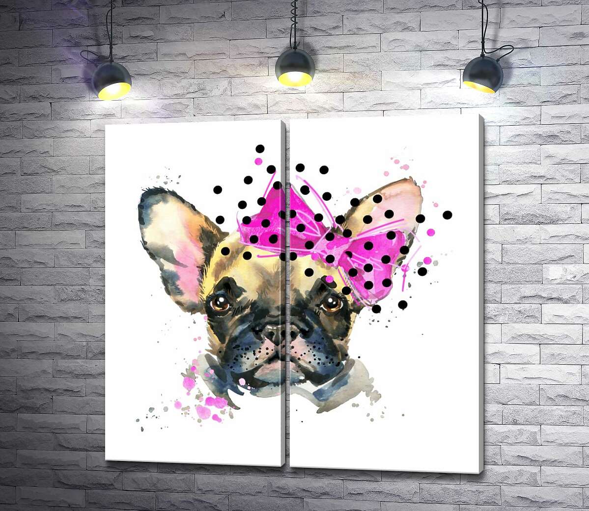 модульная картина Мордочка собаки с розовым бантиком на ухе