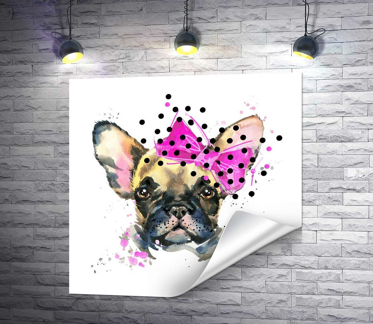 друк Мордочка собаки з рожевим бантиком на вусі