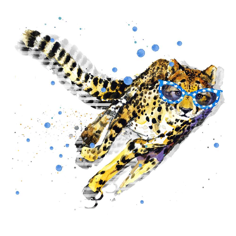 картина-постер Пятнистый гепард в синих очках набирает скорость