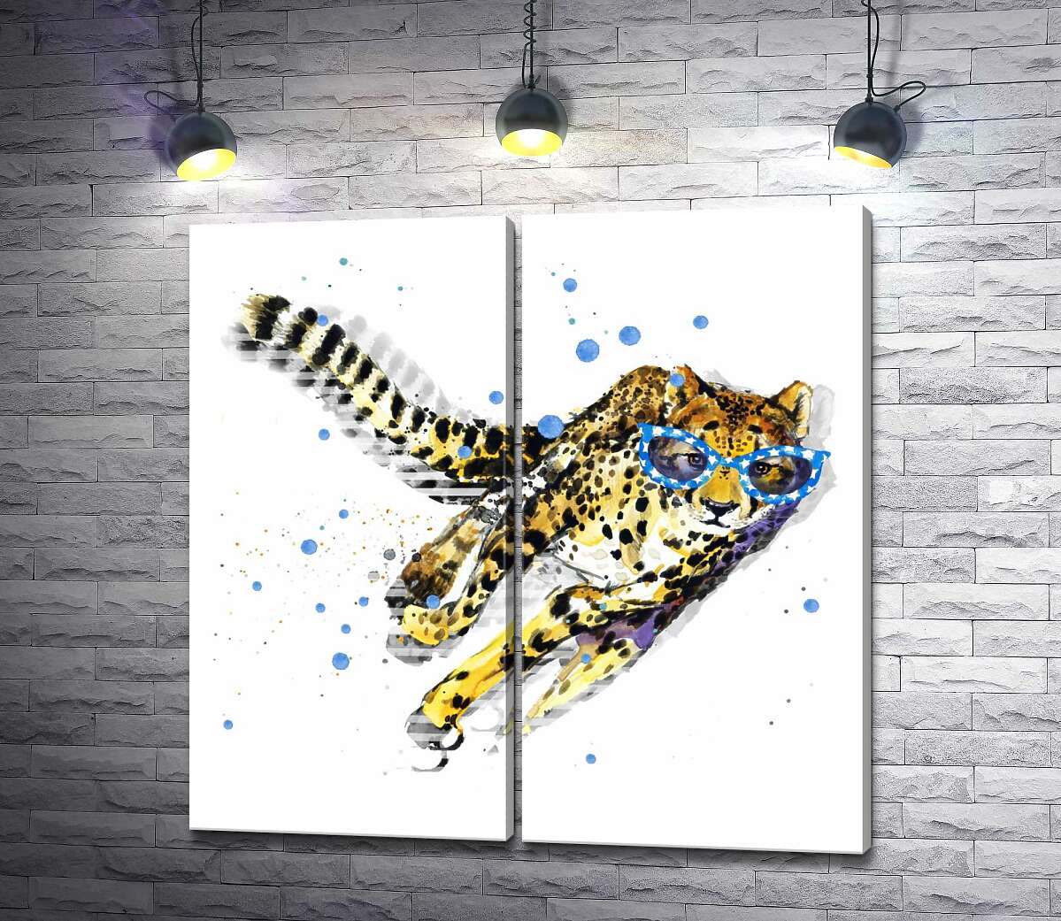 модульна картина Плямистий гепард в синіх окулярах набирає швидкість