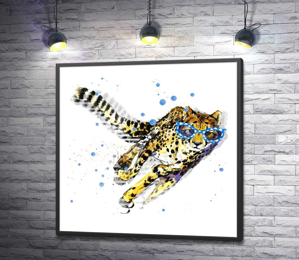 постер Плямистий гепард в синіх окулярах набирає швидкість