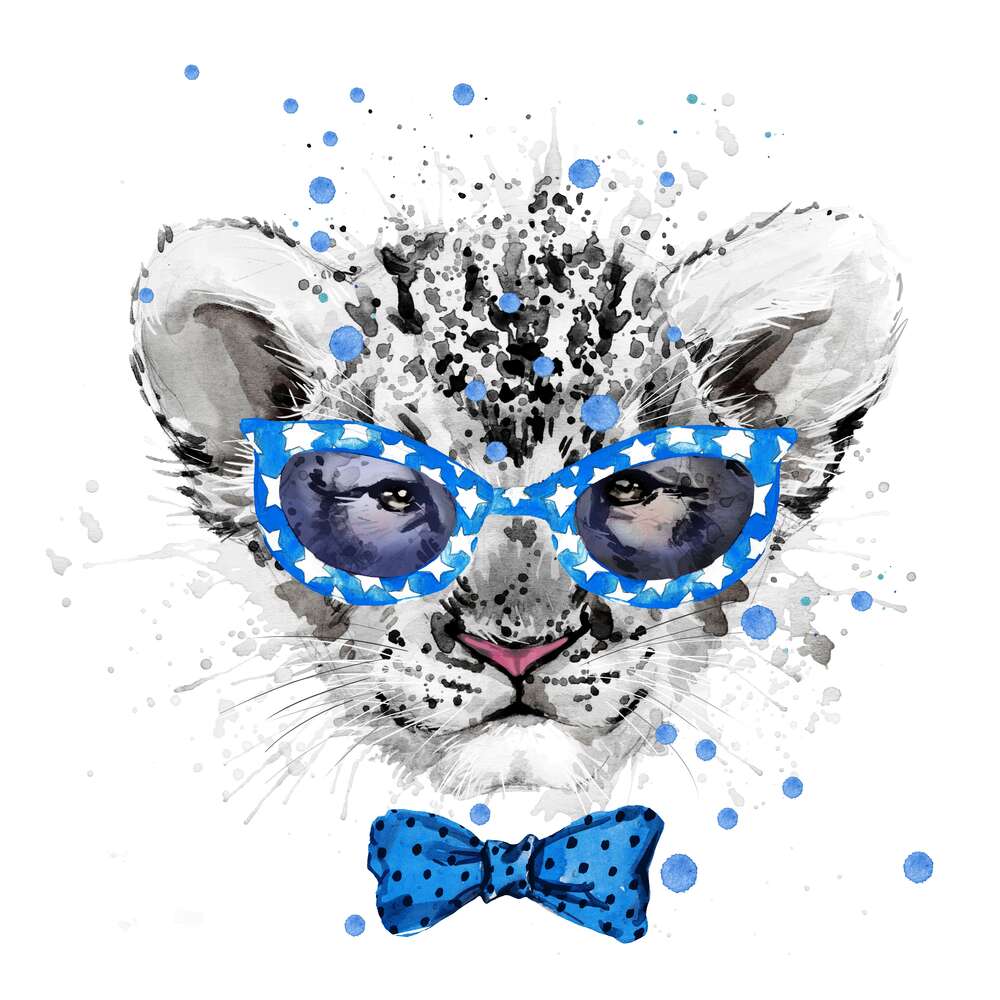 картина-постер Львенок-джентльмен с голубой бабочкой и очками
