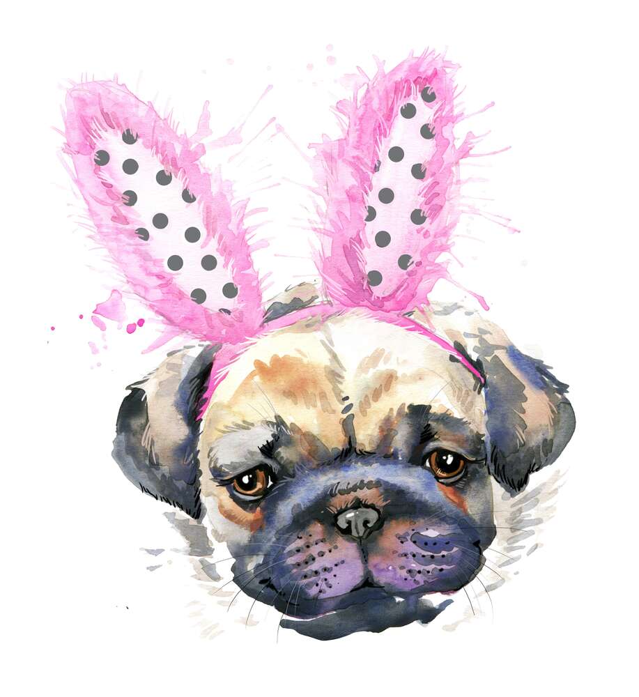 картина-постер Мопс з рожевими пухнастими вухами зайчика
