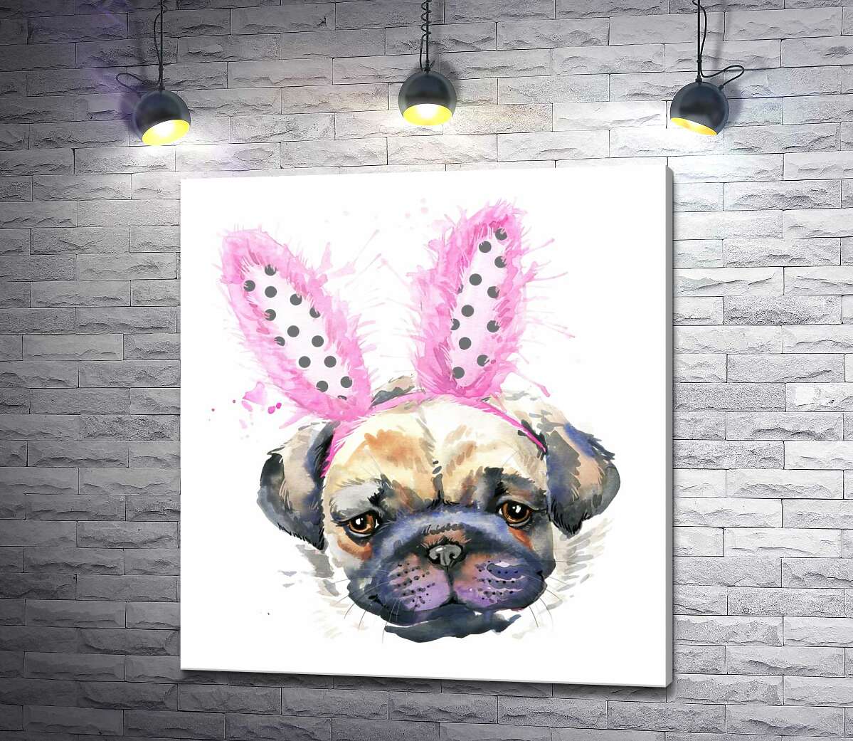картина Мопс с розовыми пушистыми ушами зайчика