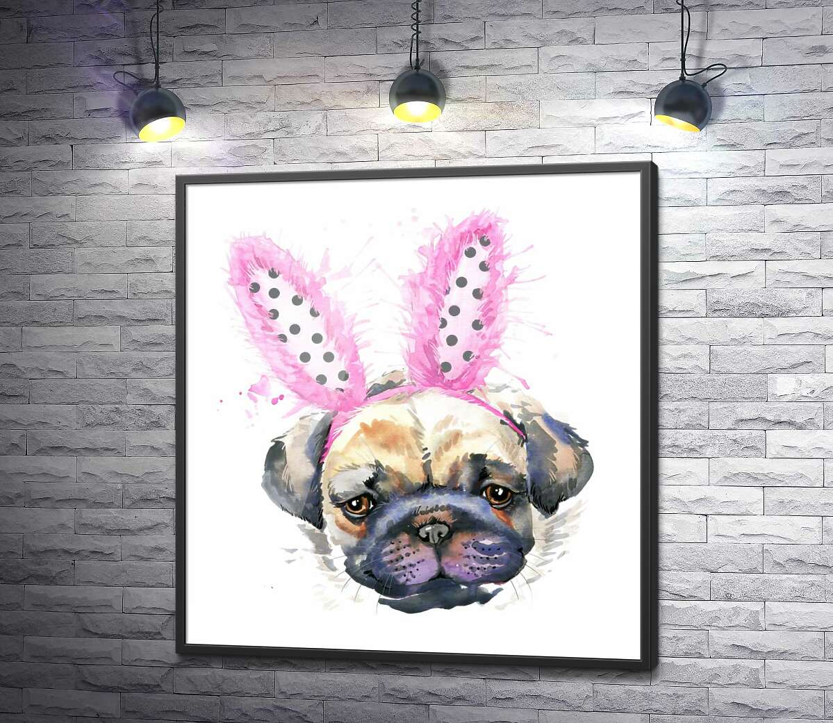 постер Мопс з рожевими пухнастими вухами зайчика