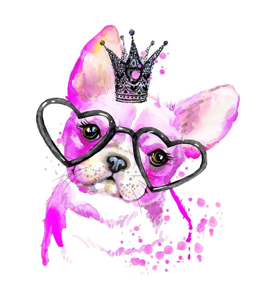 картина-постер Рожевий французький бульдог з короною та окулярами