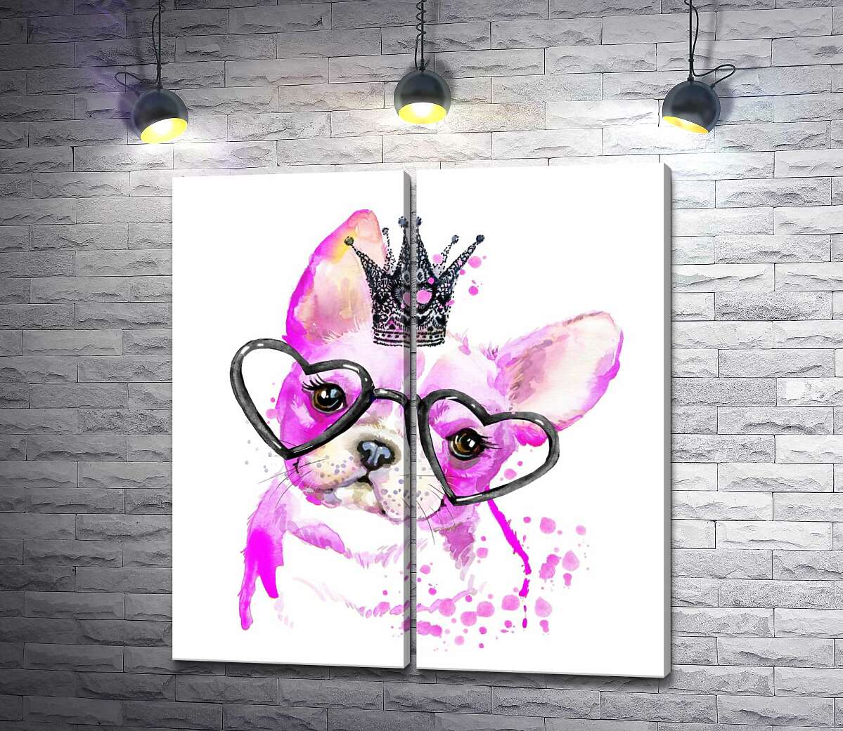 модульная картина Розовый французский бульдог с короной и очками