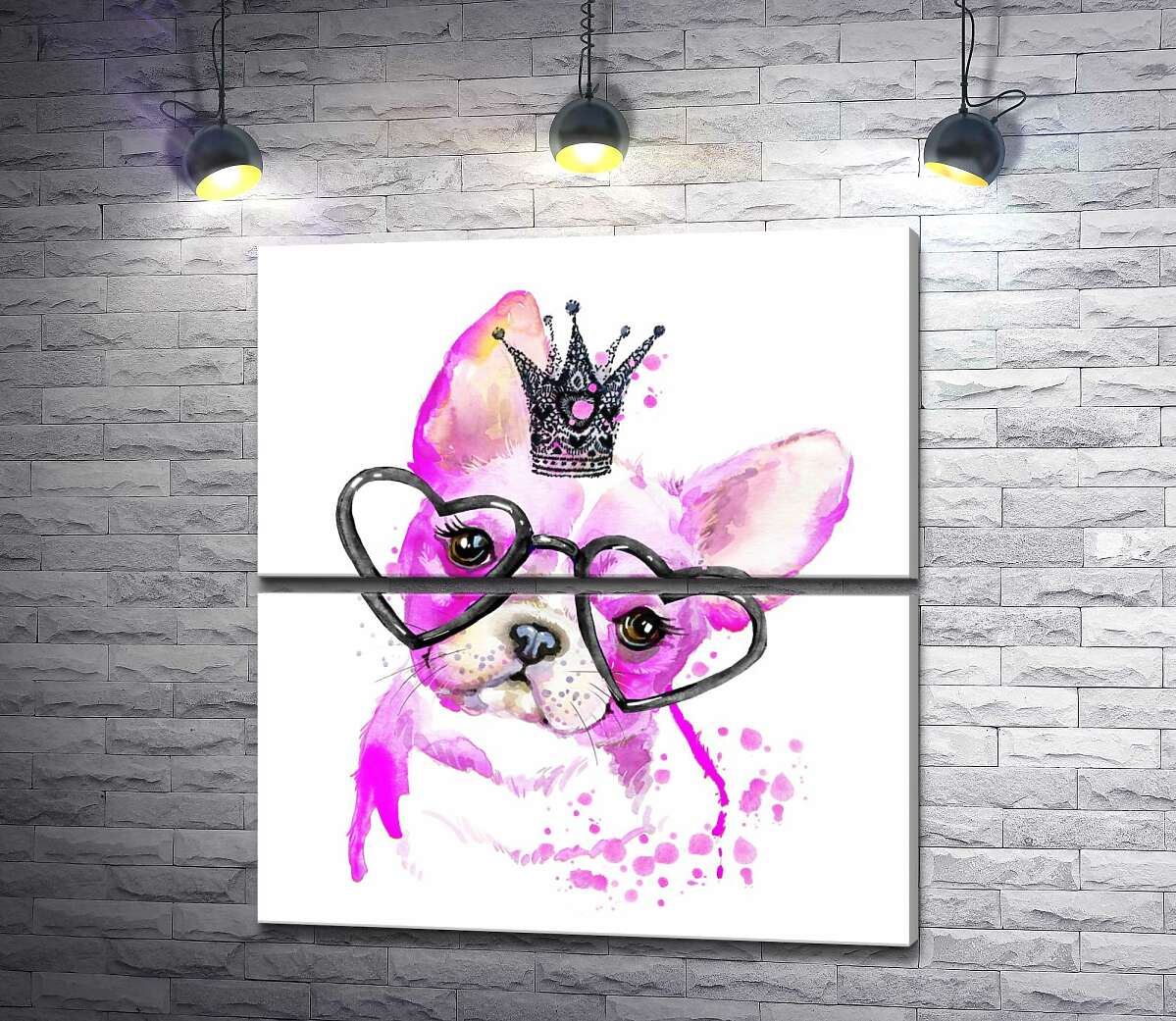 модульна картина Рожевий французький бульдог з короною та окулярами (Модуль №7)
