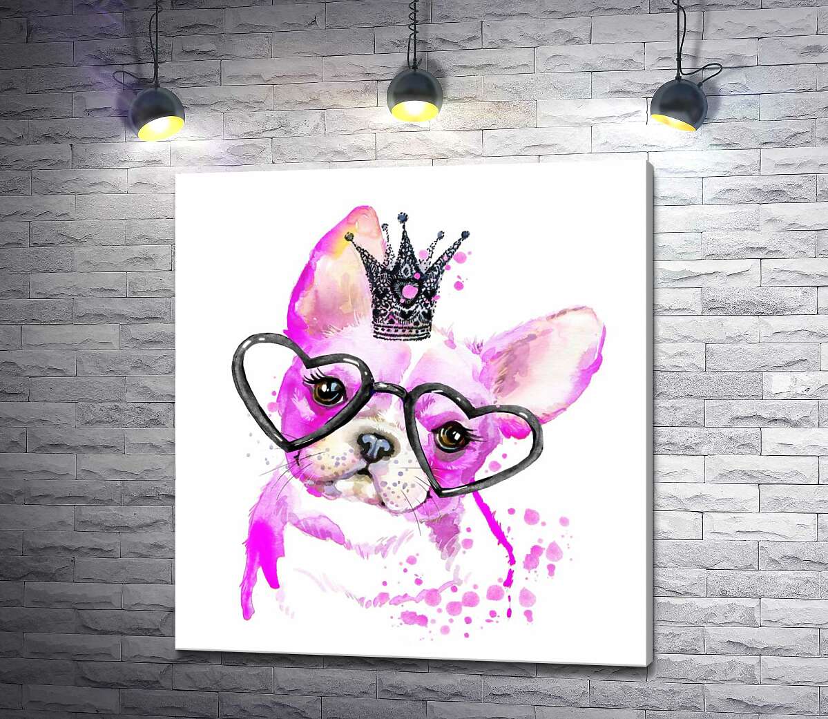 картина Розовый французский бульдог с короной и очками