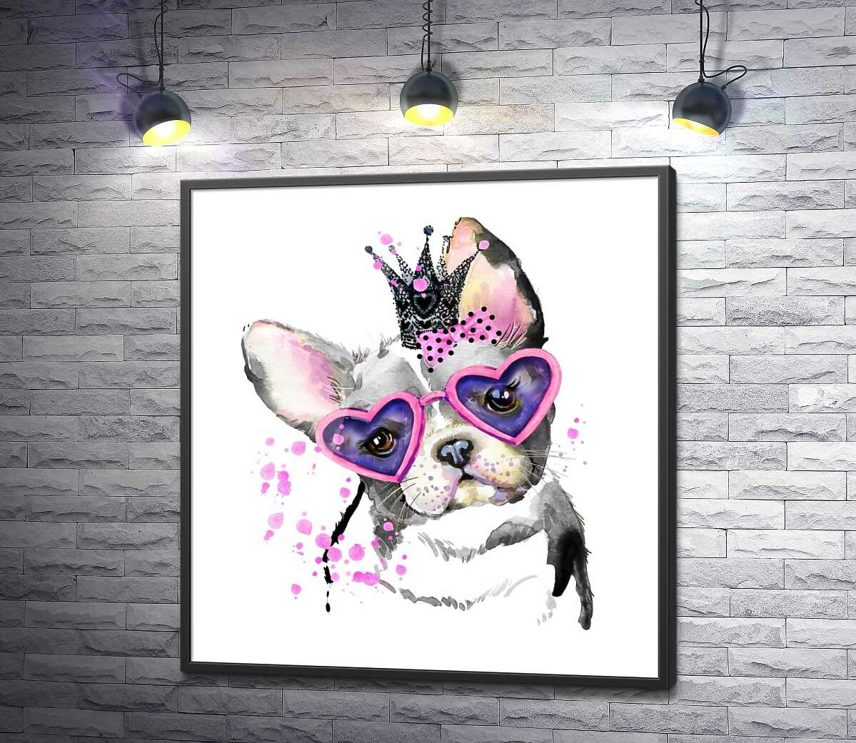 постер Гламурный французский бульдог с розовым бантом, короной и в очках