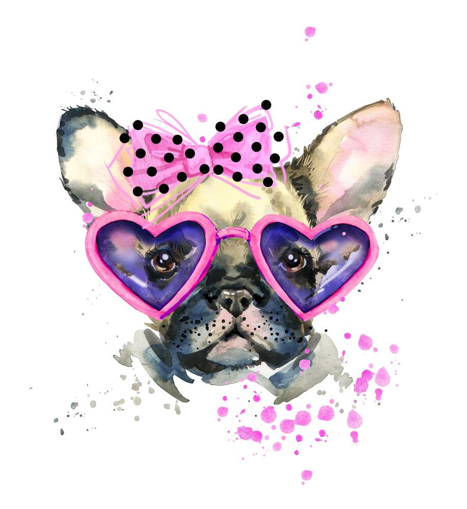 картина-постер Рожеві окуляри-сердечка на морді французького бульдога