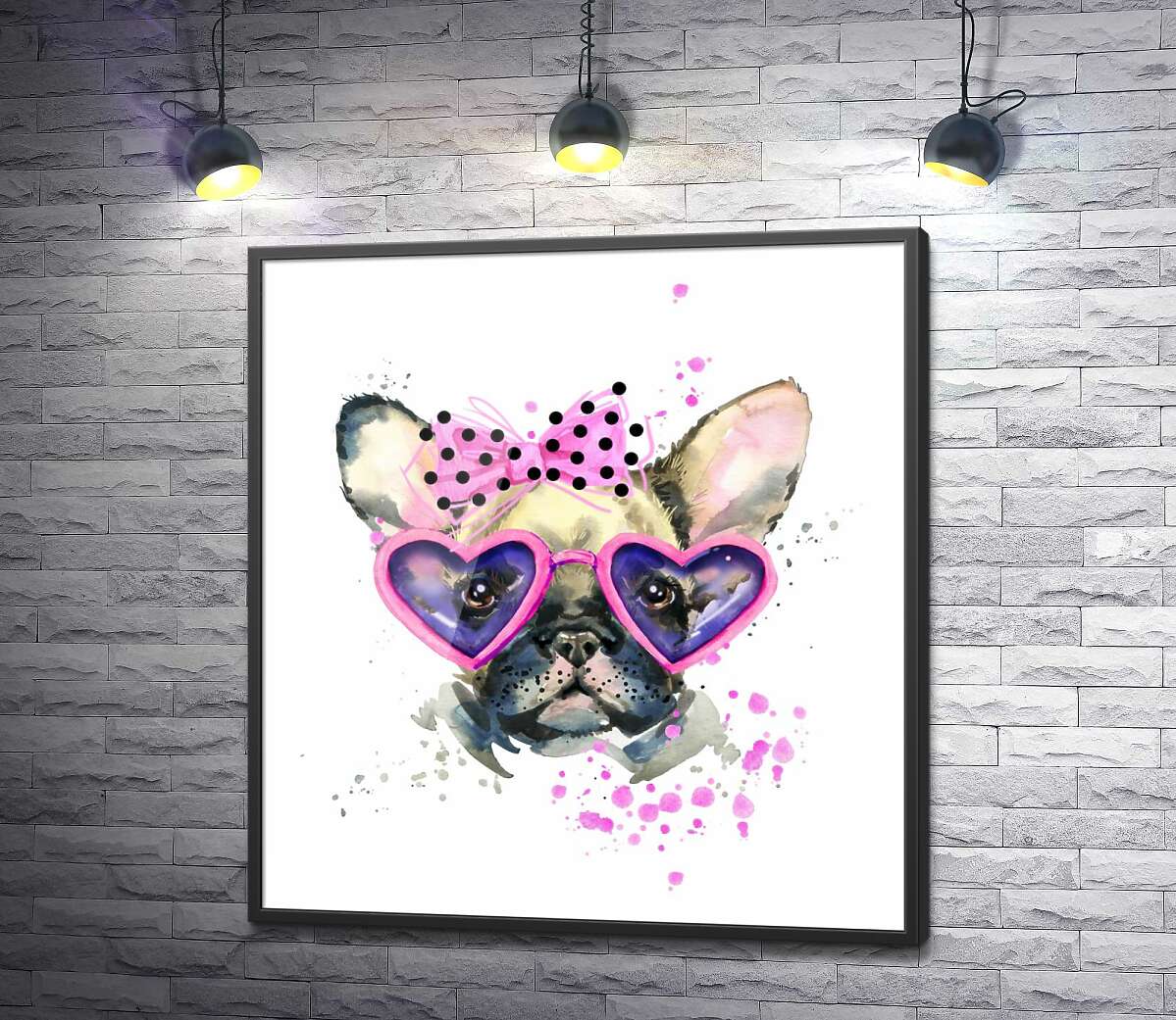 постер Рожеві окуляри-сердечка на морді французького бульдога